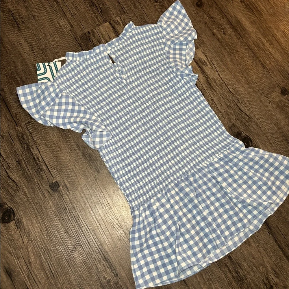 NWT Market & Spruce Light Blue & White Gingham Short Sleeve Smocked Blouse Small - Picture 8 of 12